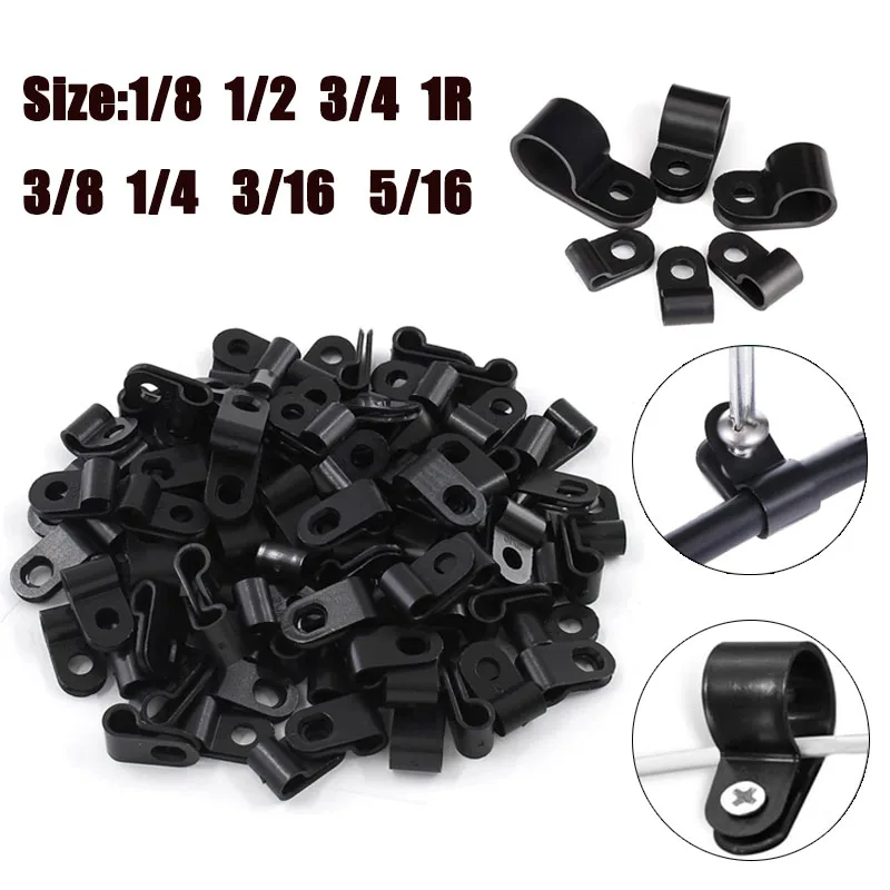 25PCS R-Type Nylon Cable Clamp Black Cable Clips Nylon Clamp Mount Fix Hardware Electrical Fitting Wire Management