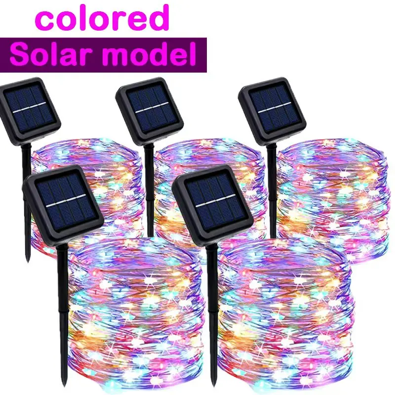 Guirlande lumineuse solaire LED en fil de cuivre pour extérieur, lampe LED étanche pour fête, guirlande lumineuse de jardin, lampe solaire