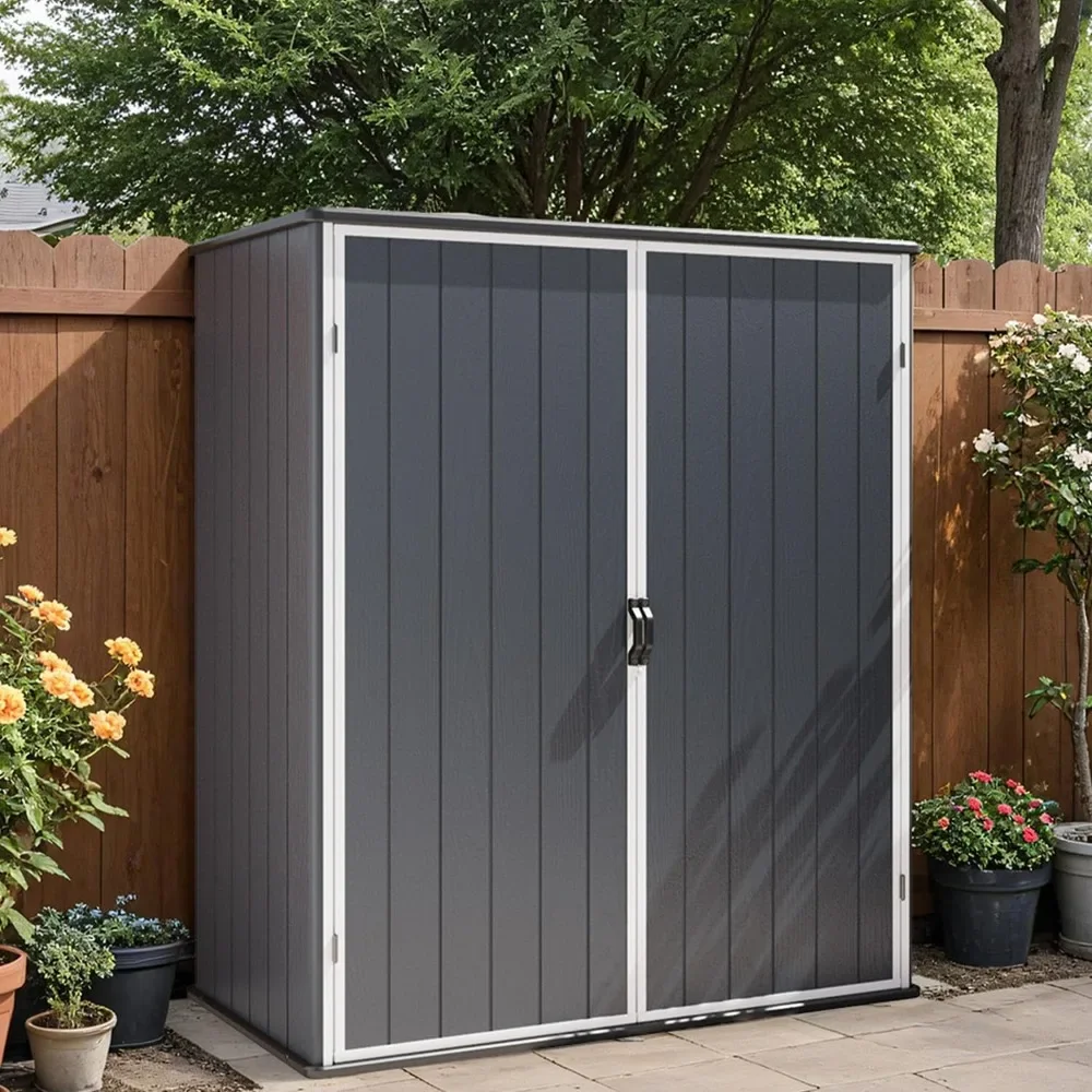 

Plastic Outdoor Storage Shed, 5 x 3 FT Patio Outdoor Storage Cabinet with Stable Roof & Lockable Doors, Waterproof Resin Shed