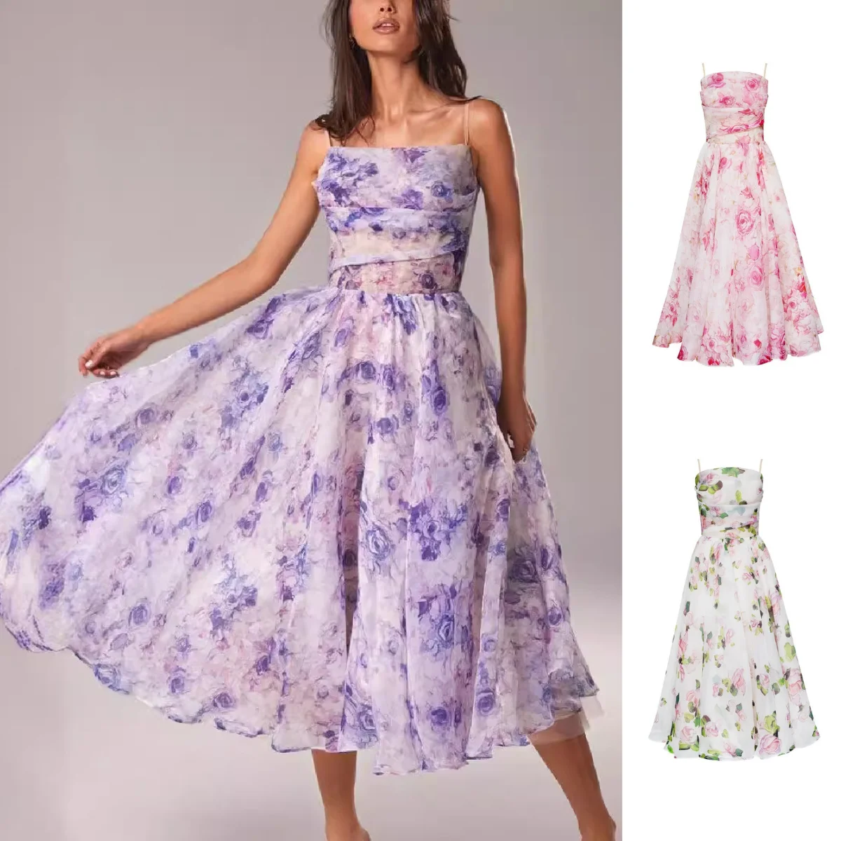 플로럴 프린트 민소매 롱 드레스 패션 슬링 보헤미안 백리스 가운 여성 스트랩 러플 드레스 2025 여름 라지 스윙 드레스