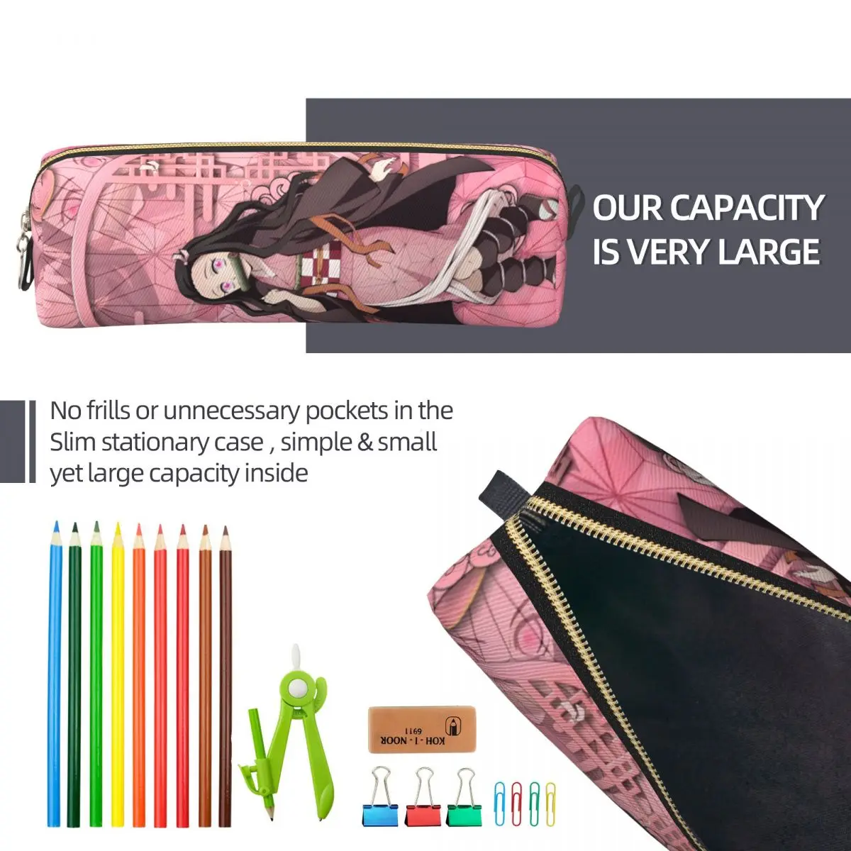 أنيمي Kawaii Nezuko مقلمة شيطان القاتل صندوق رصاص للطلاب حقيبة تخزين كبيرة الطلاب مدرسة مستحضرات التجميل القرطاسية