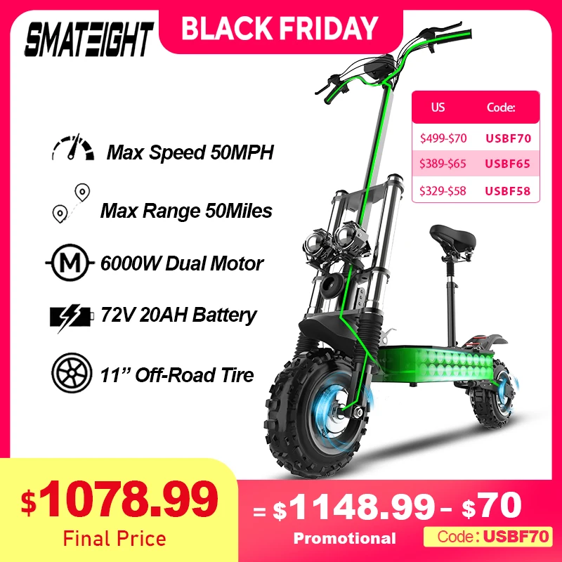 

SMATEIGHT X60 6000W Dual Motor Adult Electric Scooter Speed up to 50MPH 72V 20AH 11 Inch Off-Road Tires Foldable E-Scooter
