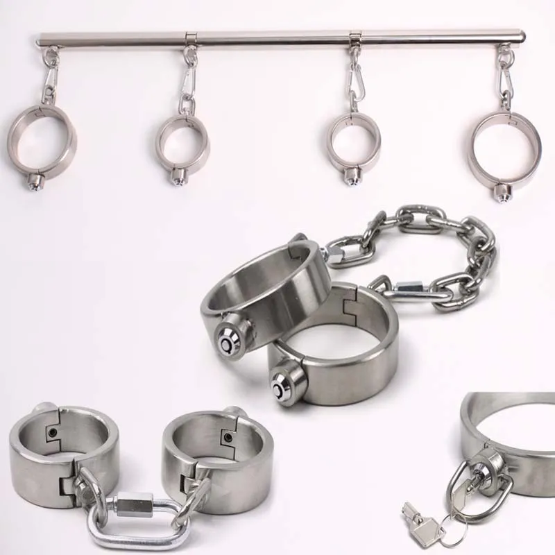 Stainless Steel Handcuffs Ankle Cuffs with Detachable Chain Steel Open Leg Bar Shackles Restraints Adult Sex Toys for Couples