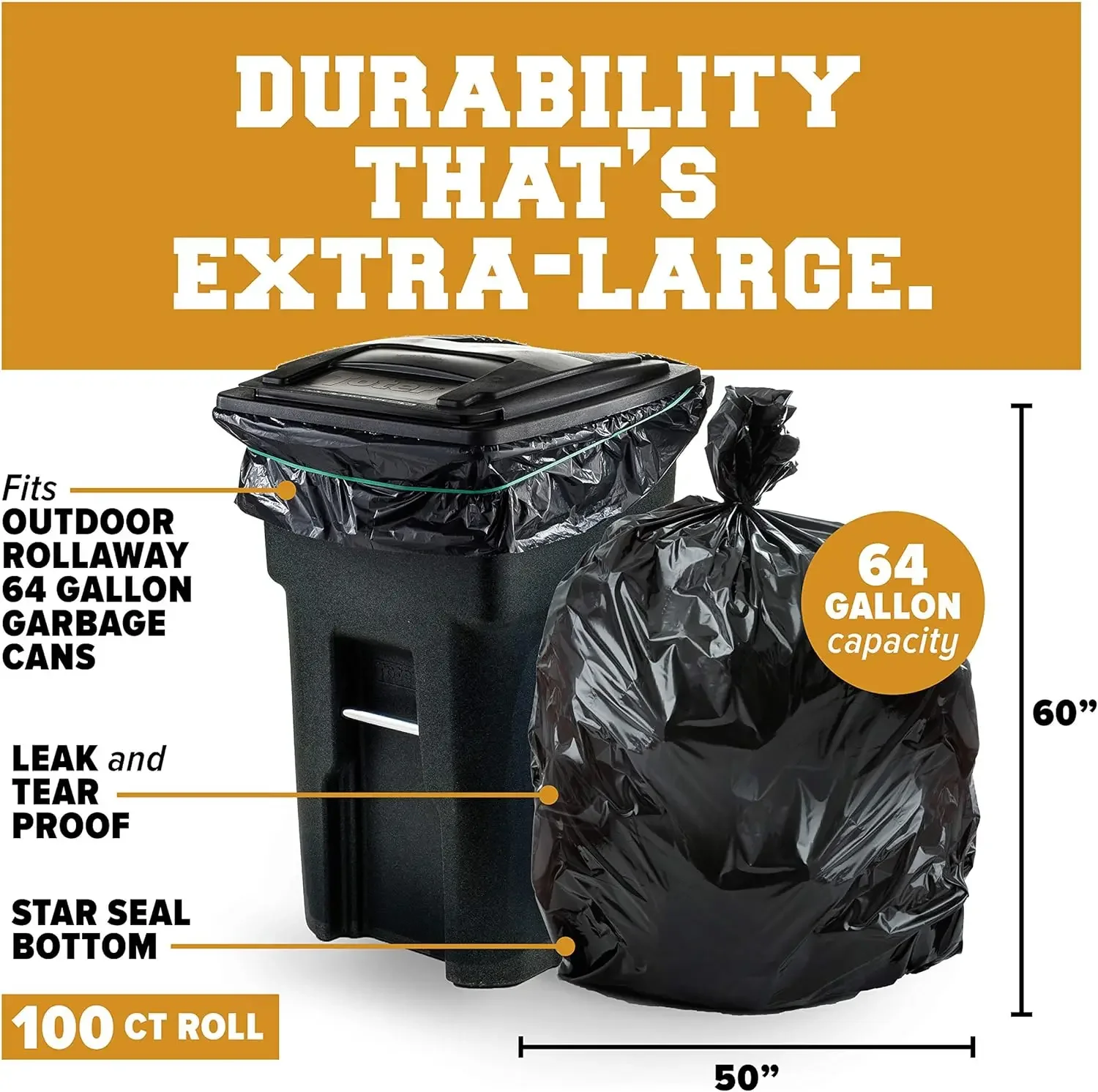 64-65 Gallon Trash Can Liners for Toter  1.2 Mil  Black Heavy Duty Garbage Bags Rolls  50” x 60” (100 Count)