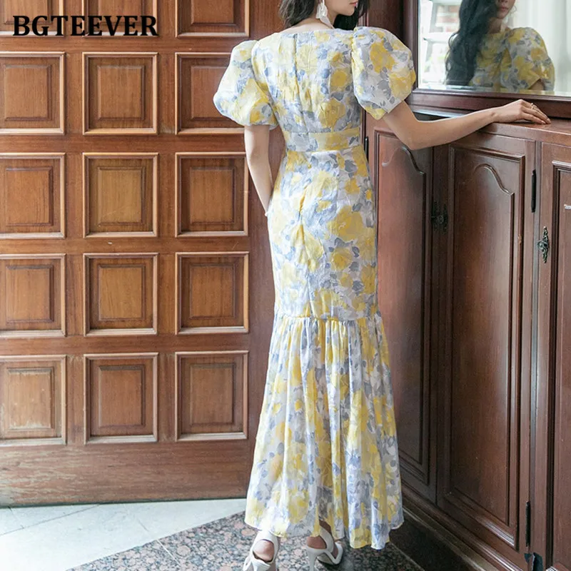 BGTEEVER Vintage Lantern Sleeve Floral Bodycon Dress Women O-neck Slim Waist Female Mermaid Dress Summer Elegant Ladies Vestidos