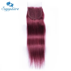 Sapphire Pure 99J Brazilian Hair Burgundy Bone Straight 4X4 Lace Closure Red Wine Pre Plucked With Baby Hair Bleached Knots Remy