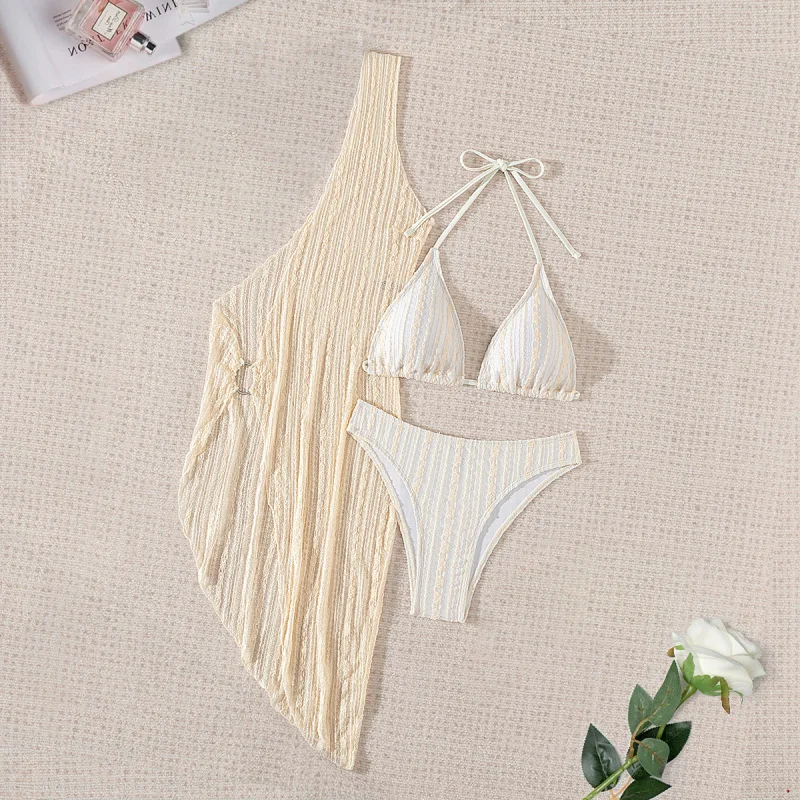 Hollow Out Knitted Cover-Up Three-Piece Swimsuit Women's Bikini Vacation Beachwear Hot Sale