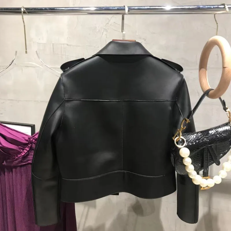 Chaqueta de cuero genuino con cuello vuelto para mujer, abrigo de longitud corta, estilo informal, dos bolsillos, alta calidad, Primavera, 2023