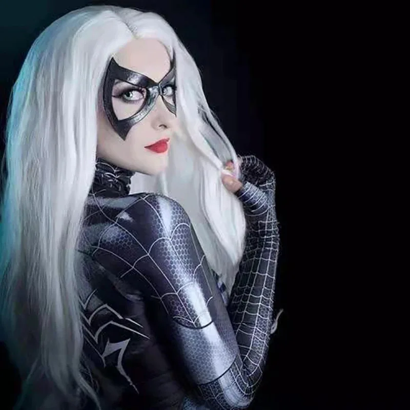 3D Printed Black Cat Superhero Costume for Women, Sexy Tight Jumpsuit for Halloween and Christmas