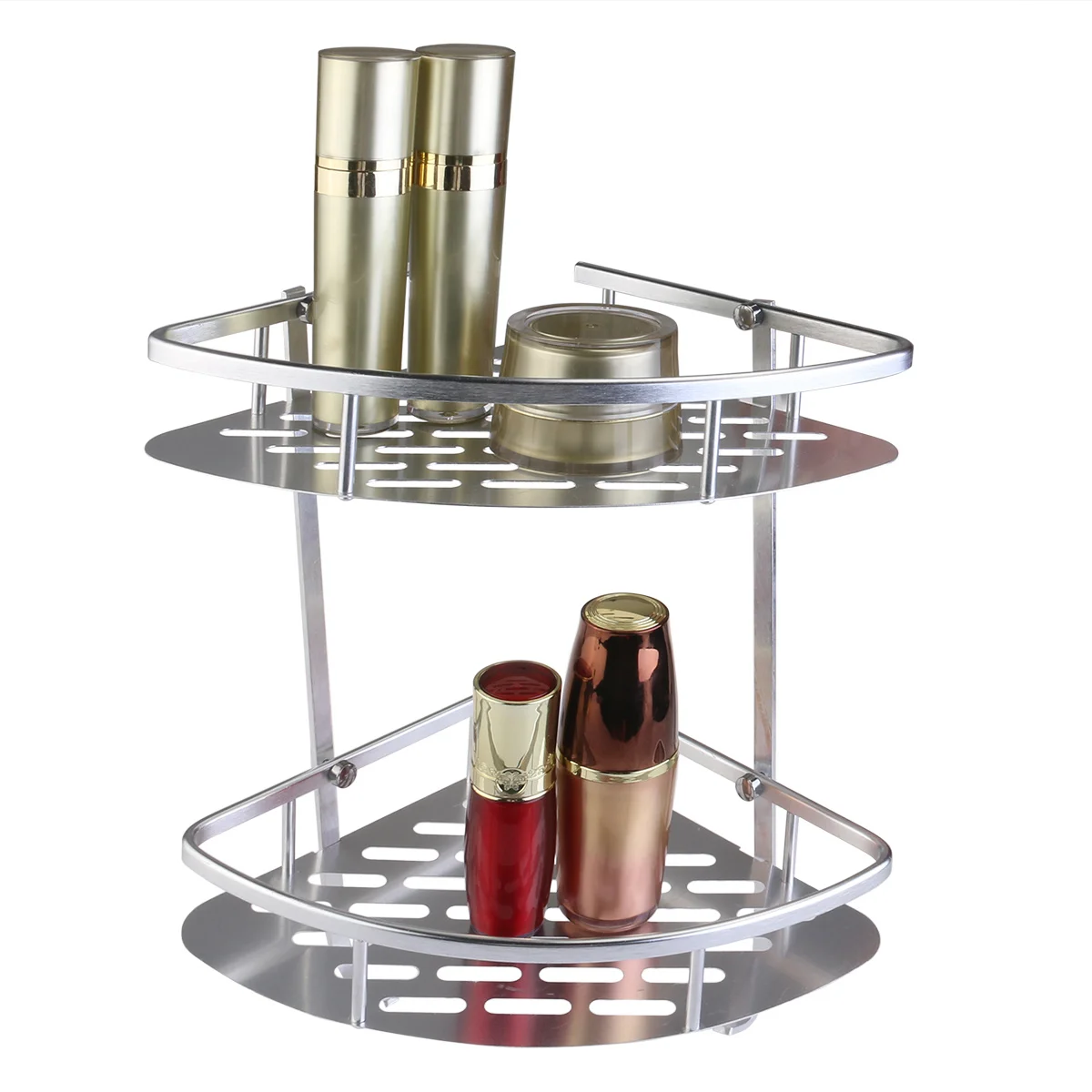 

2-Tier Aluminum Bathroom Corner Storage Rack Shower Shelf Wall Mount 360X300Mm Silver Includes Screws Plugs Damage-Free Adhesive