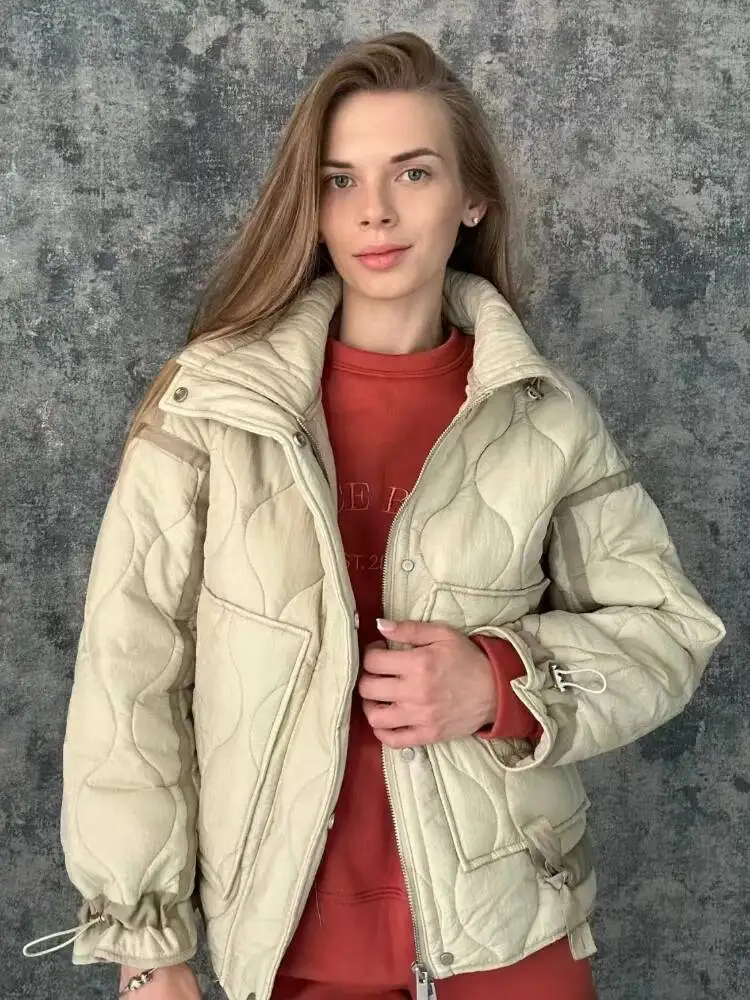 

Women Quilted Jacket Drawstring High Neck Zipper Hidden Button Clip Cotton Outerwear Fall Winter New Female Chic Coat