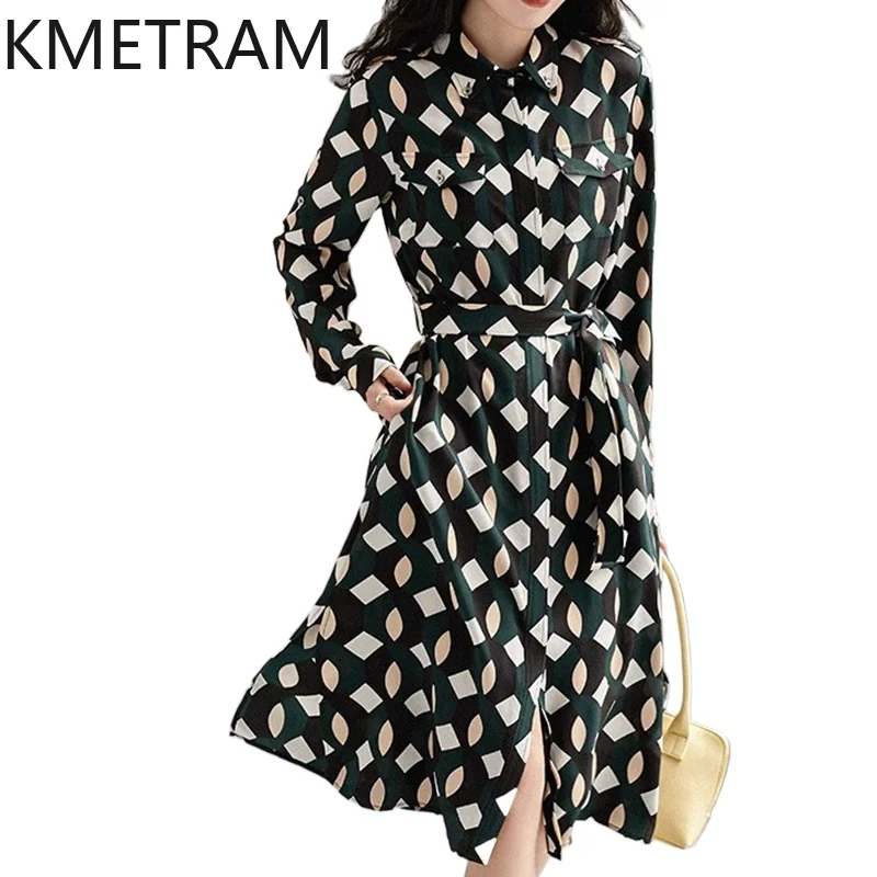 KMETRAM 100% Natural Mulberry Silk Dresses for Women Plaid Print Shirt Dress Belted Long Frocks Summer Woman Clothing 2026 원피스