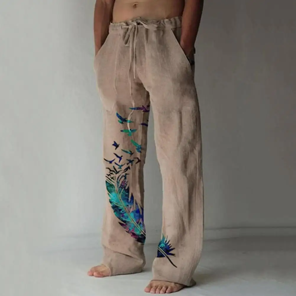 

Повседневные мужские прямые брюки с принтом перьев, удобные модные городские длинные брюки из полиэстера против морщин