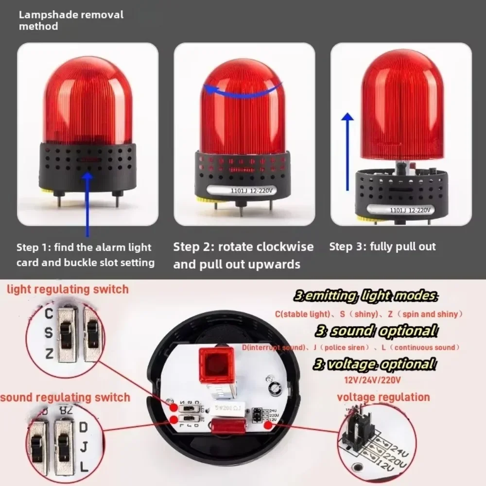 Tres modos de sonido, tres luces emisoras, luz de advertencia brillante intermitente, Base magnética ajustable de volumen de 120dB, 12V, 24V, 220V