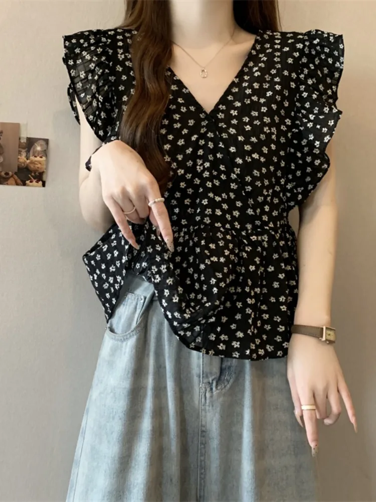 

Шифоновый топ больших размеров с цветочным принтом, женский летний новый топ для похудения, закрывающий живот, маленький Flng Sve irt для поездок на работу