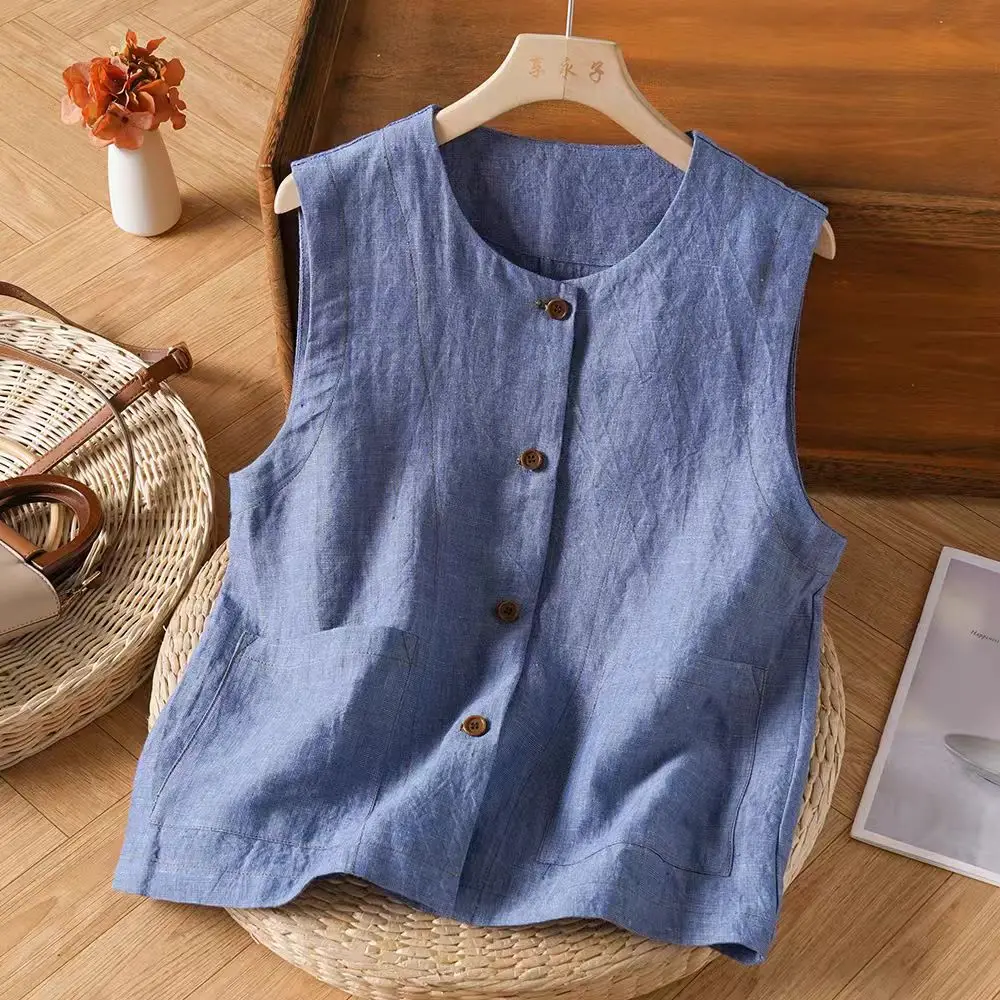 Damska luźna wyszczuplająca prosta bluzka typu top, pasująca do stylizacji artystycznej w stylu retro, na wiosnę i lato, z cienkiego materiału, z okrągłym dekoltem i guzikami...