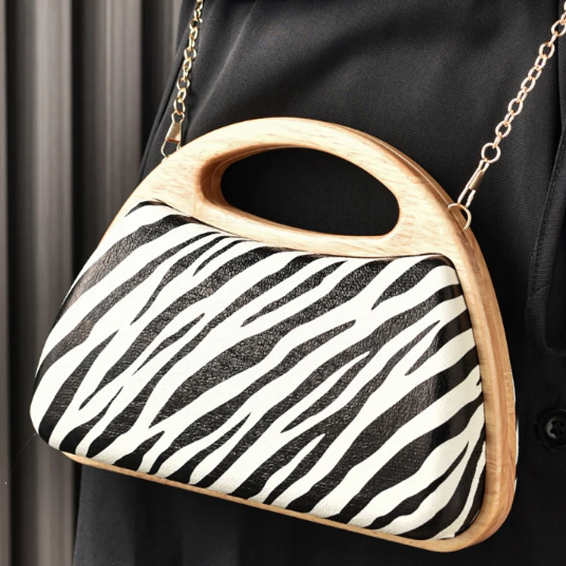 New Zebra Pattern Banquet Bag Retro Wooden Clip Bag Fashion Handbag Shoulder Bag