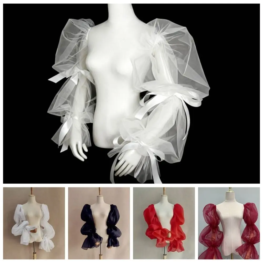 Elegant Puff Wedding Arm Sleeves Evening Dress Decor Bowknot Bride Detachable Sleeves Sweet Ruffles Sheer Cover Sleeves