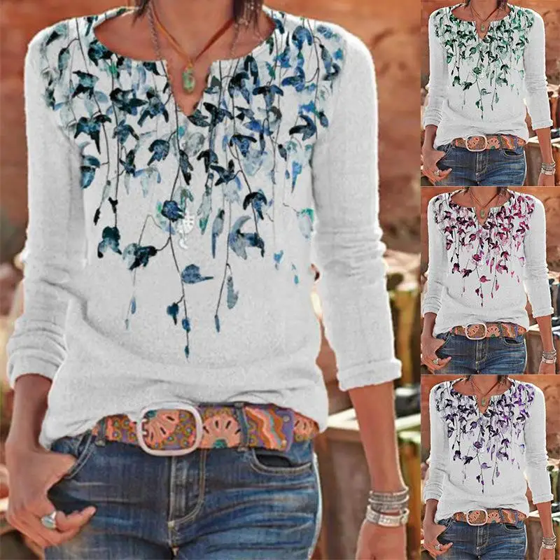 Dames Le bedrukt lang Sve T-shirt Street Sle losse pasvorm polyester spandex mix bloemenpatroon top voor dames