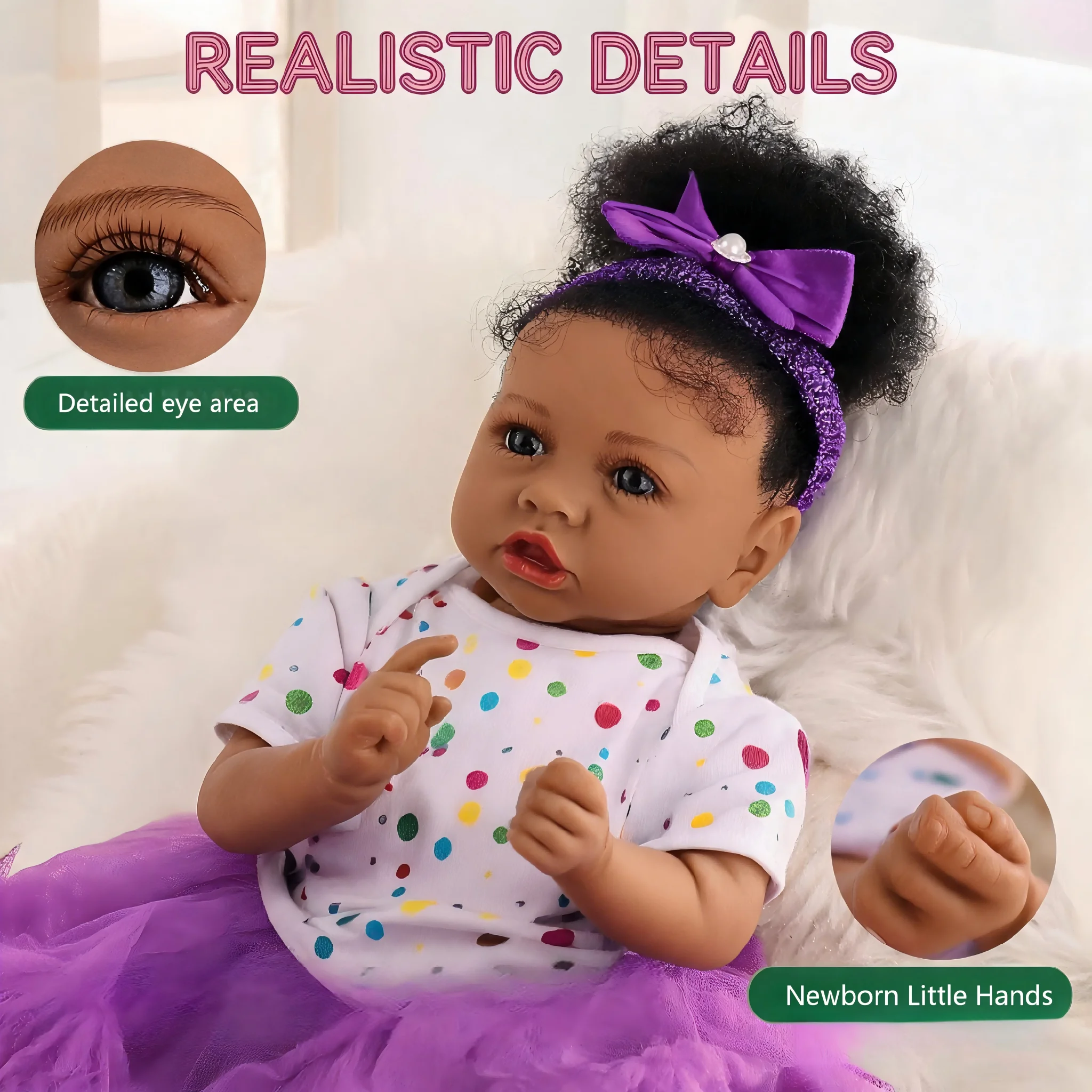 22 Inch High-Definition Reborn Doll Realistic Newborn Doll Fluffy Curly Hair Fine Hand-Painted Features Soft Vinyl Material Suitable for Ages 3+ Birthday Holiday Collectible Gift