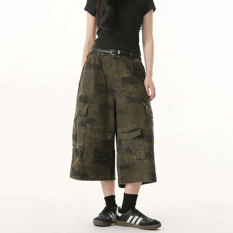 

SYUHGFA American Style Men's Jeans Camouflage Side Pockets Patchwork Design Casual Straight Wide Leg Baggy Male Denim Shorts