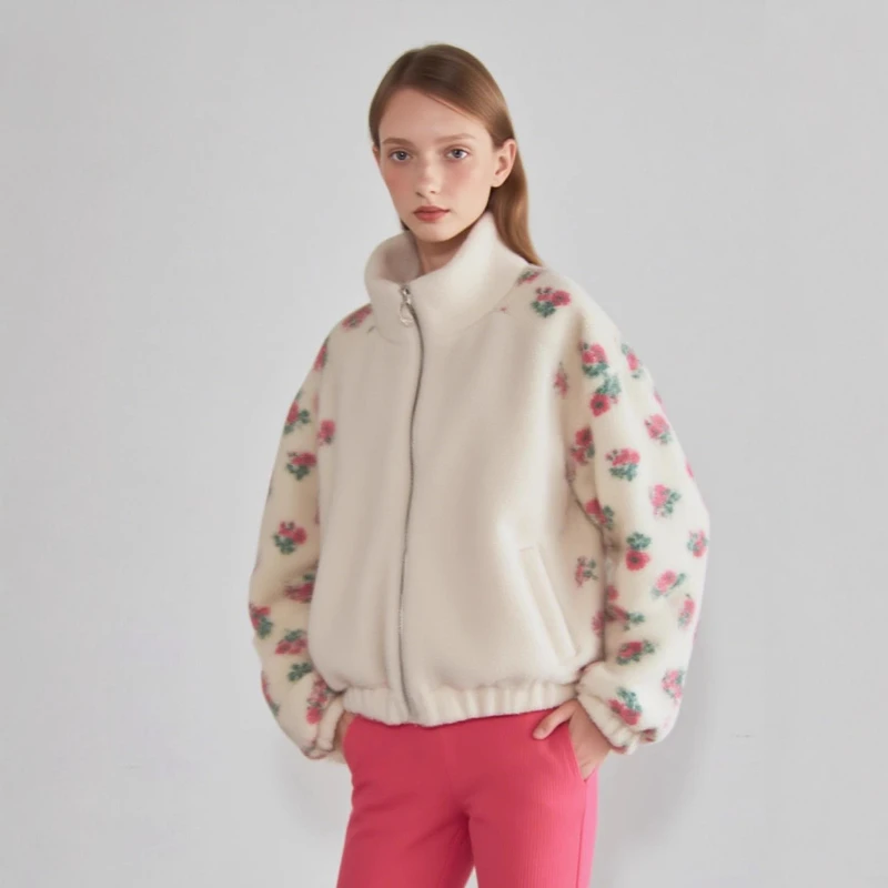 

Vintage Luxury Casual Furry Jacket Fluffy Faux Lamb Warm Thick Short Apricot Faux Fur Coats Flower Print Stand Collar Plush Coat