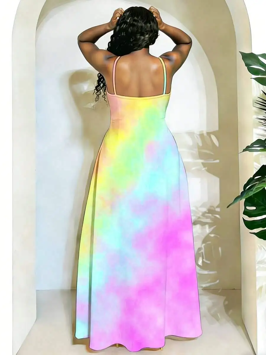 

Women Tie Dye Maxi Dress Spaghetti Strap Flowy Sundress Boho Beach Vacation Dress