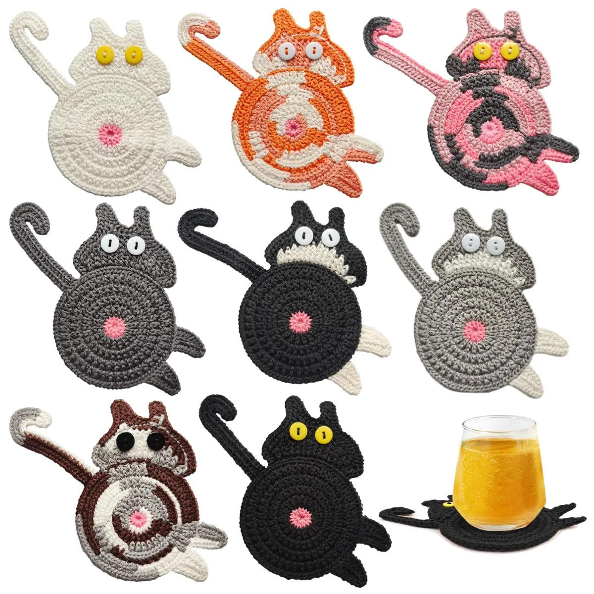 

Подставки для напитков с милым котом, дизайнерская подставка, забавная вязанная крючком креативная подставка для кружки, нескользящий впитывающий коврик для напитков ручной работы для влюбленных, подарок