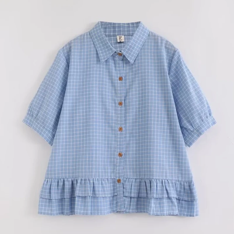 

Qiukichonson Short Sleeve Plaid Shirt Teen Girls Women Spring Summer Kawaii Turn-Down Collar Lolita Ruffles Cotton Blouse Tops