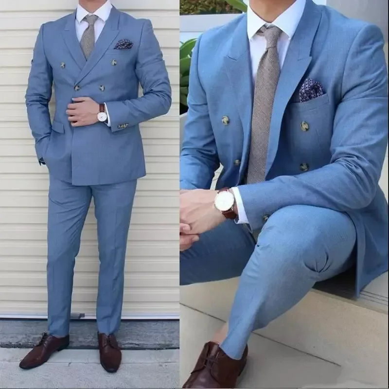 

Light Blue Men Suit 2 Pieces Business Blazer Pants Double Breasted Wedding Groom Formal Work Wear Party Causal Tailored