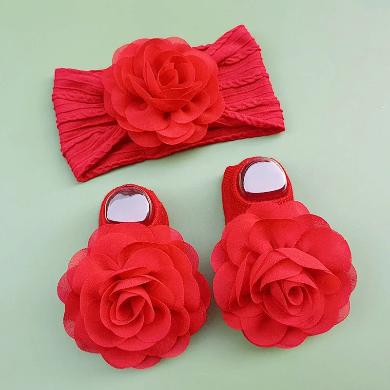 Ensemble de chaussettes de sauna pour bébé fille, 2 pièces, dentelle perlée, fleur, nouveau-né, joli nœud élastique, accessoires pour cheveux