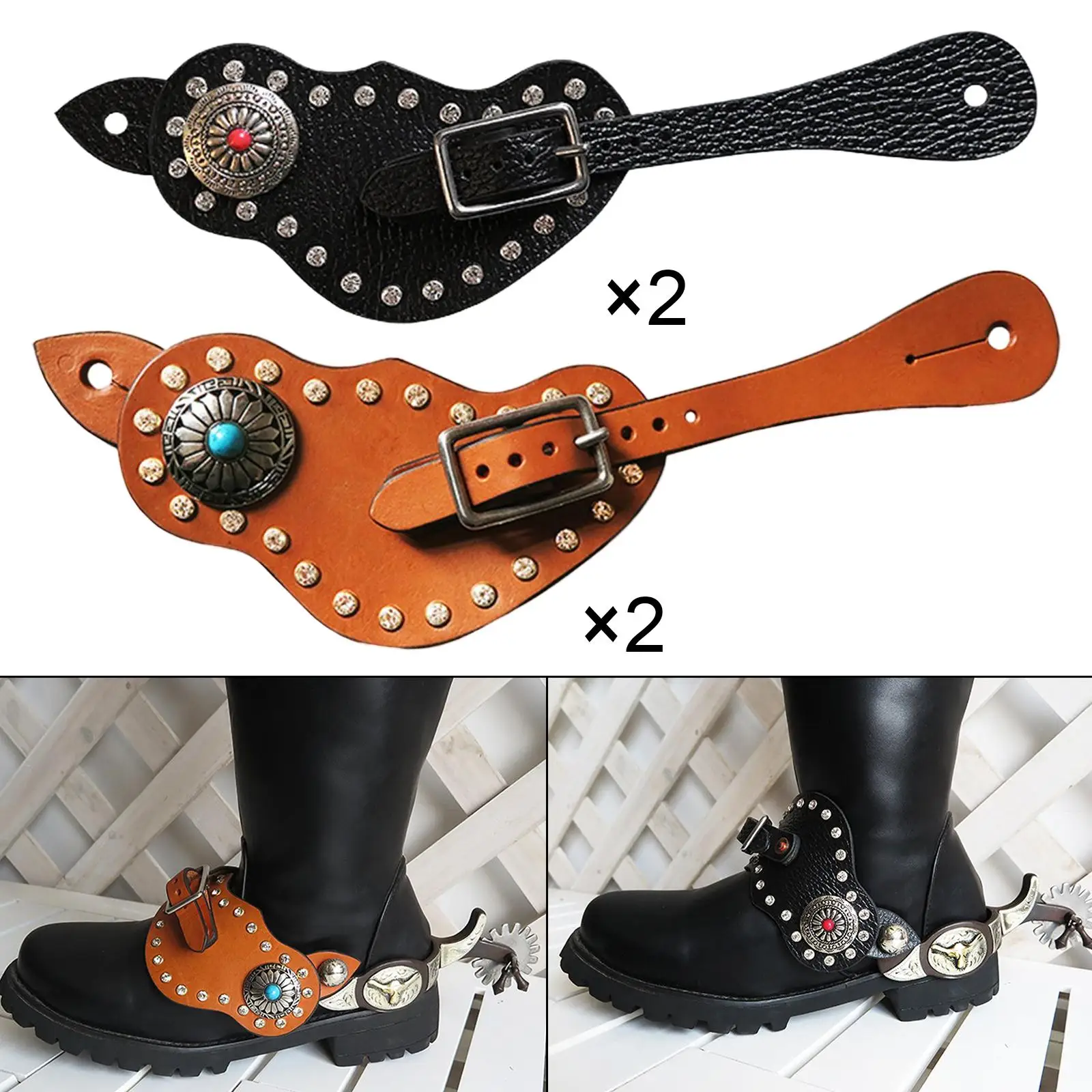 2Pcs Spur Strap with Buckle PU Leather Western Retro Style Handmade Durable 2Pcs for Training Horse Outdoor Women Cowboy Boots