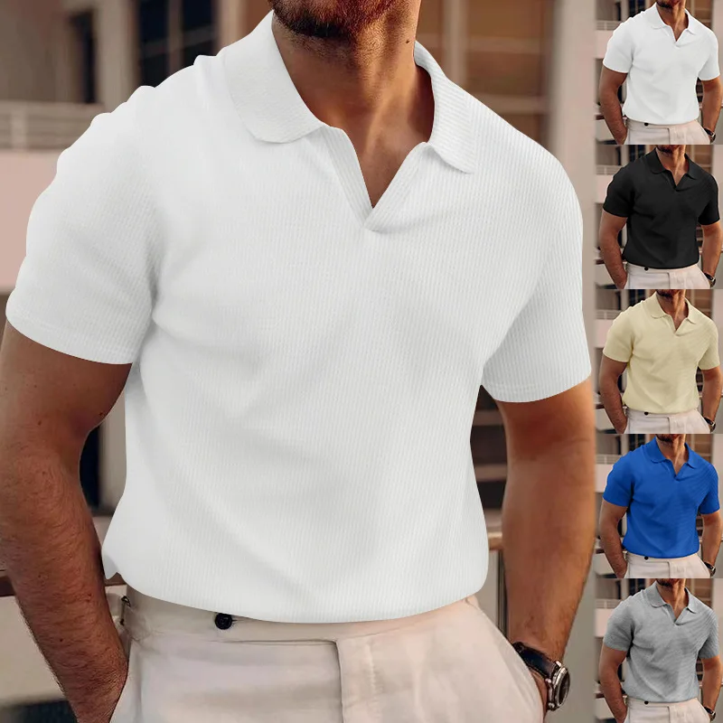 2024 Sommer neue Polo kragen Casual Fashion Herren bekleidung schwere Waffel Kurzarm einfarbig Casual vcollar polos hirt – Detail 2