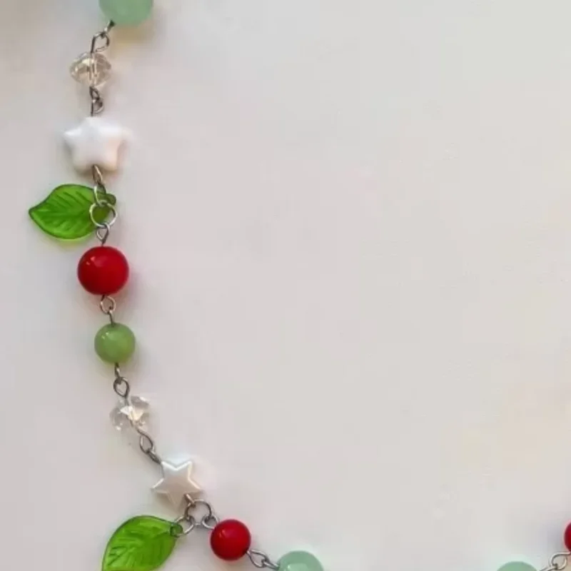 Handmade strawberry necklace, star, Green Leaf Strawberry Design | gift | Fashion Fairy Core