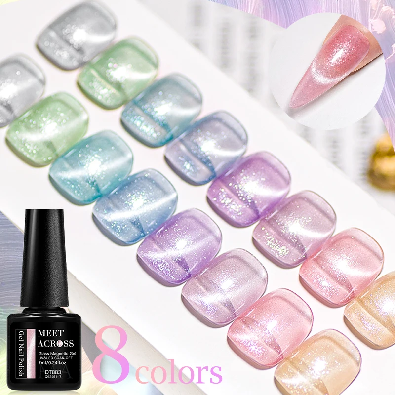 MEET ACROSS 7ml Glass Cat Magnetic Gel Nail Polish Nail Supplies Glitter Semi-Transparent Nail Art Soak Off UV Gel Varnish