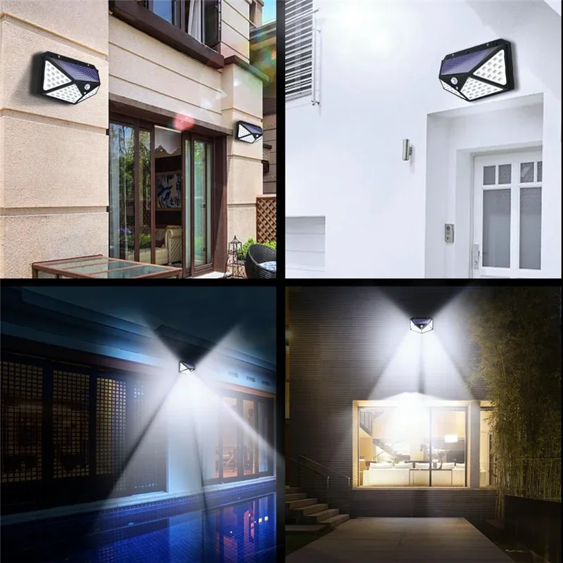 Le più nuove luci solari per esterni 100LED 3 modalità Lampada da parete solare con sensore di movimento Assorbe la luce solare Lampione stradale