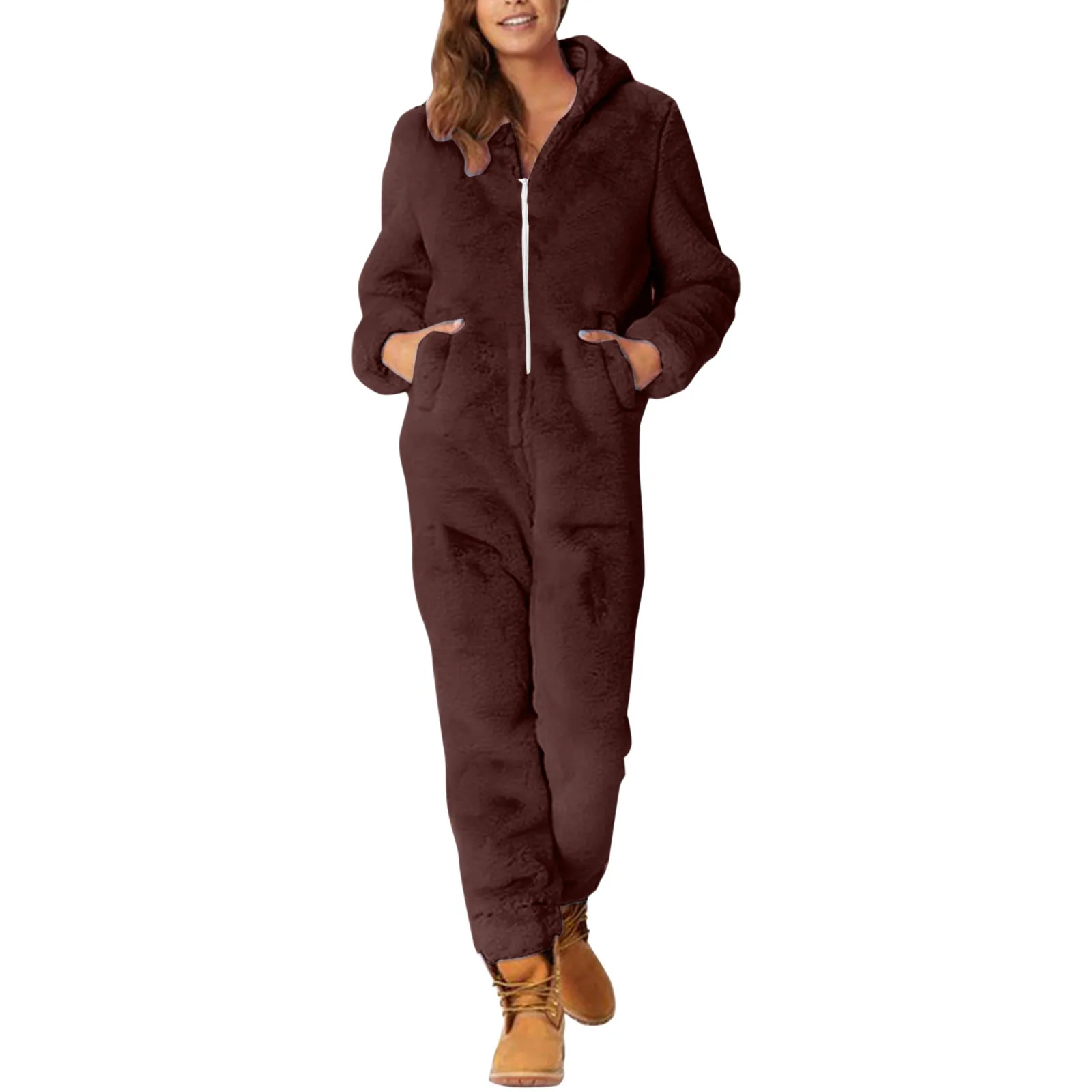 Women\'s Plush Romper Onesies Autumn Winter Flannel Pajamas Sleepwear Zipper Hooded Keep Warm Fluffy Fleece Jumpsuits Homewear