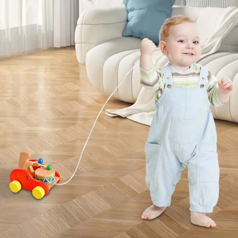 Push & Pull Toys Ręcznie robiony drewniany samochód Zabawkowy samochód Bęben Projekt Push & Pull Zabawki Samochód wyścigowy Bezpieczne zaokrąglone krawędzie do wnętrz na zewnątrz