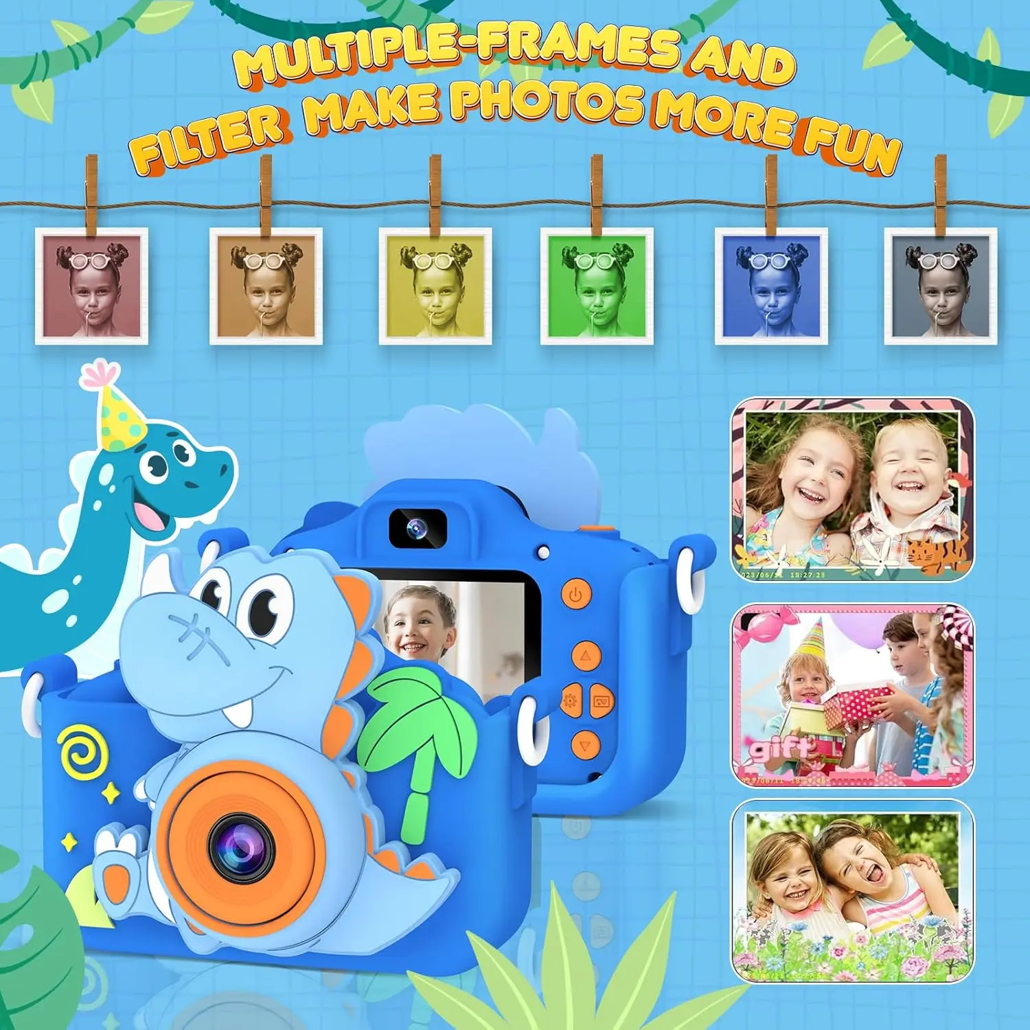 Câmera infantil para meninos e meninas, câmera de dinossauro com vídeo HD selfie 1080P, presentes de aniversário de Natal para meninos, com cartão SD de 32 GB