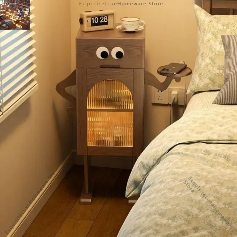 

Solid Wood Bedside Table With Light Storage Edge Side Cabinets Living Room Storage Cabinet Creative Robot Bedroom Bedside Table