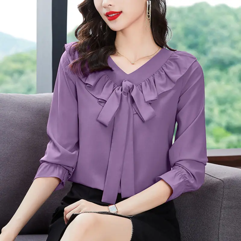 Elegant Bow Long Sleeve V Neck Shirt Women\'s Spring New Ruffled Blouses Tops 4XL