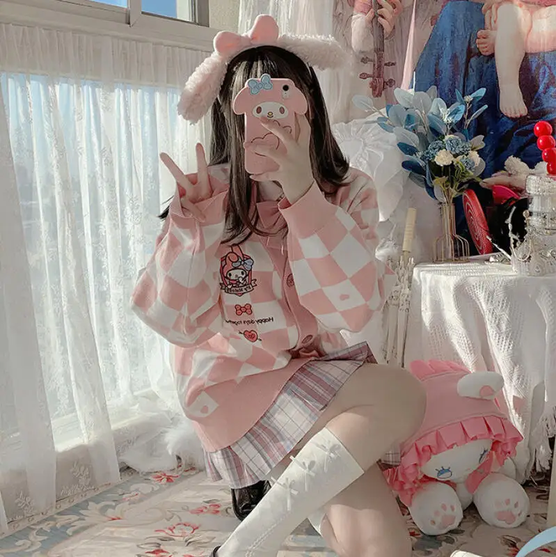 Sanrios بلدي ميلودي Pompompurin التطريز محبوك سترة أنيمي سينامورول الشطرنج كلية نمط Jk موحدة سترة هدية