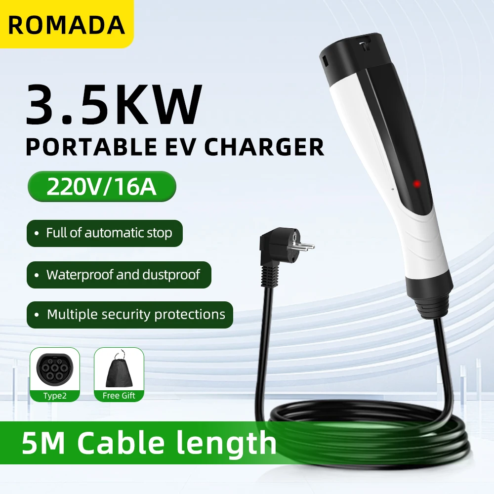 NIEUWE ROMADA 3.5KW 16A Draagbare EV-oplader met 3M-10M kabel IEC62196 TYPE2 EVSE EU-stekker Veilig opladen voor elektrische voertuigen
