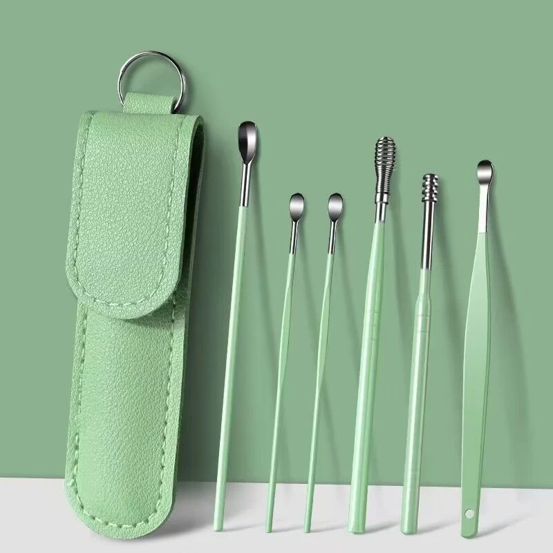 Juego de 6 herramientas de acero inoxidable para remover la cera del oído, cuchara giratoria en espiral para limpiar y recoger la cera del oído