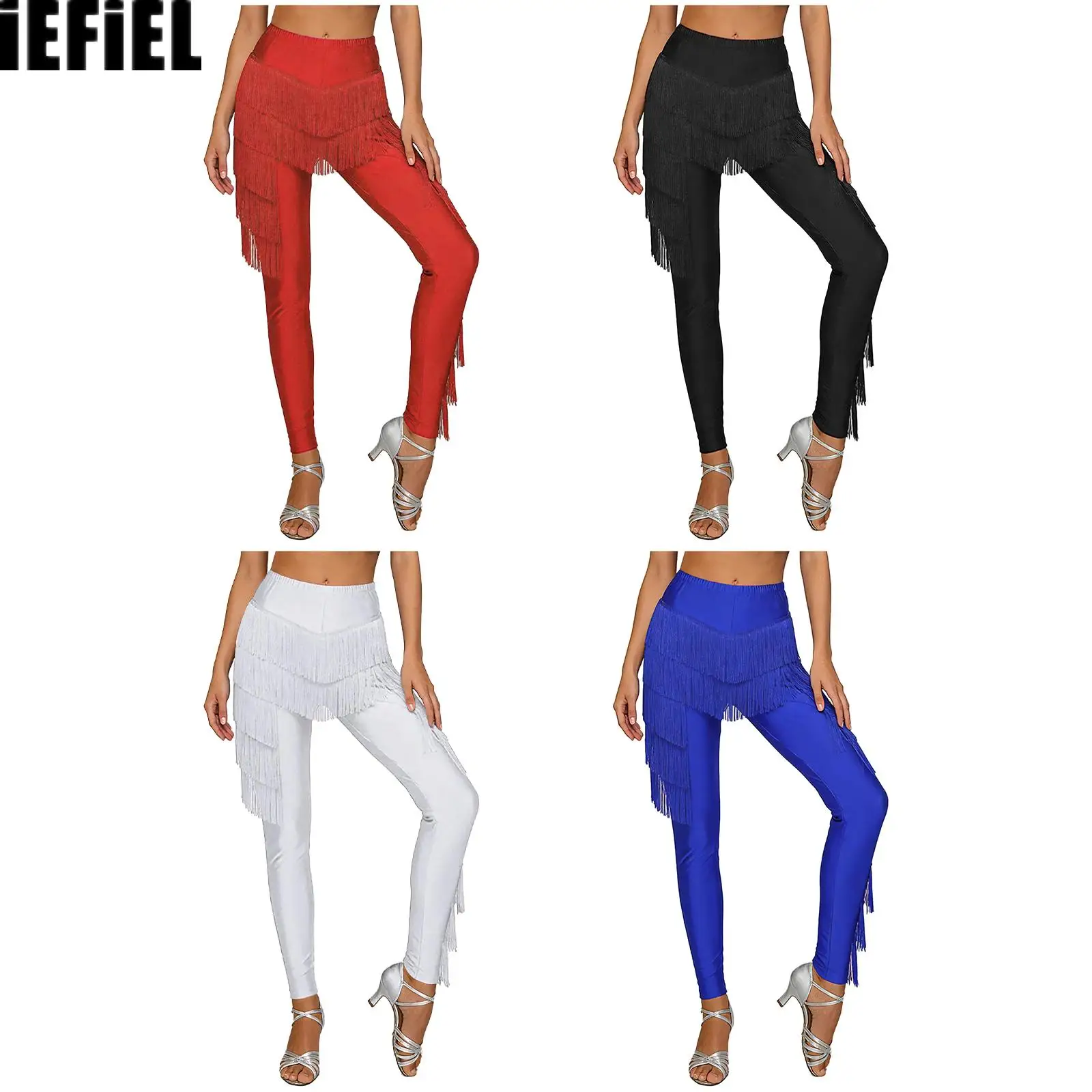 

Женские брюки для латинских танцев, многоуровневые брюки с кисточками и эластичным поясом, длинные леггинсы с бахромой, брюки, танцевальный костюм для танго ча-ча