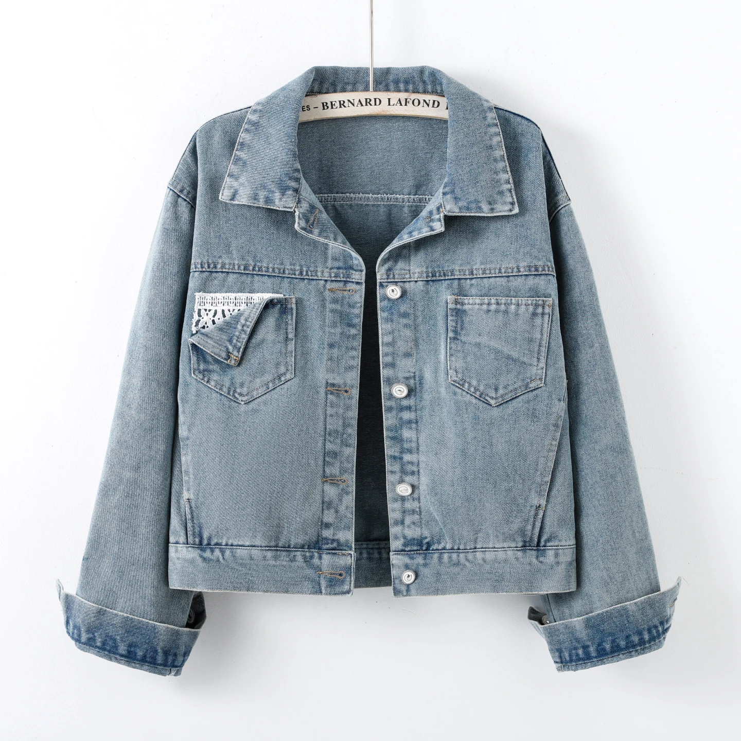 Retro Women's Short Denim Jacket Korean Version Versatile Patch Fabric Lace Long Sleeved Loose Jacket Spring Autumn New Top