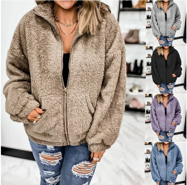 

Large size European American New Women Fashion Woolen Autumn Winter Cardigan Top Zipper Fashion Trend Coat Jackets Casual Clothe