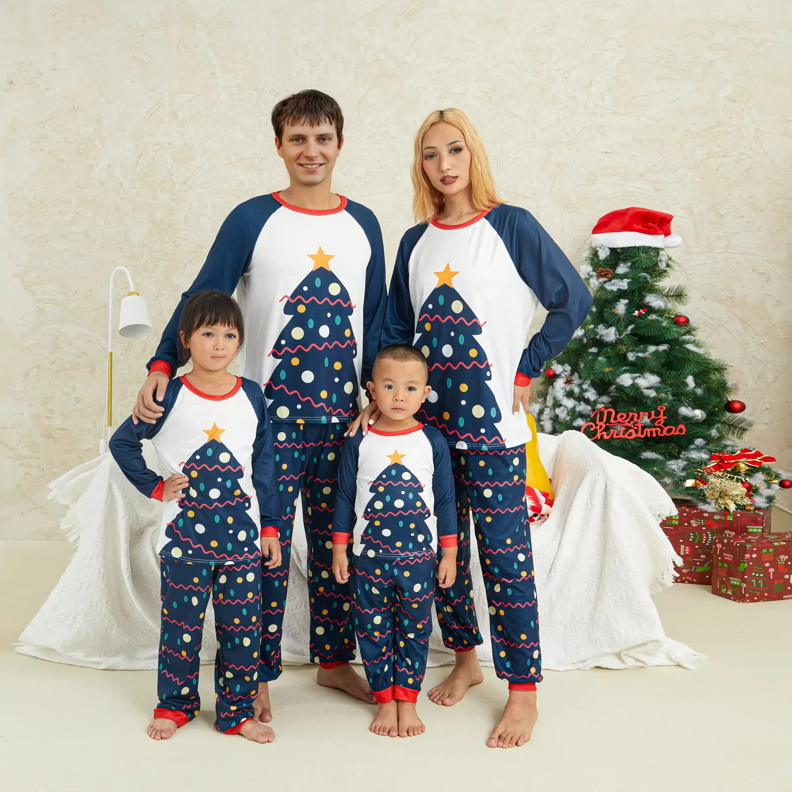 Christmas Family Pamas Set Tree Print Color Matching Classic Crew Neck Tops + Pants Casual Style Holiday Home Wear Clothes