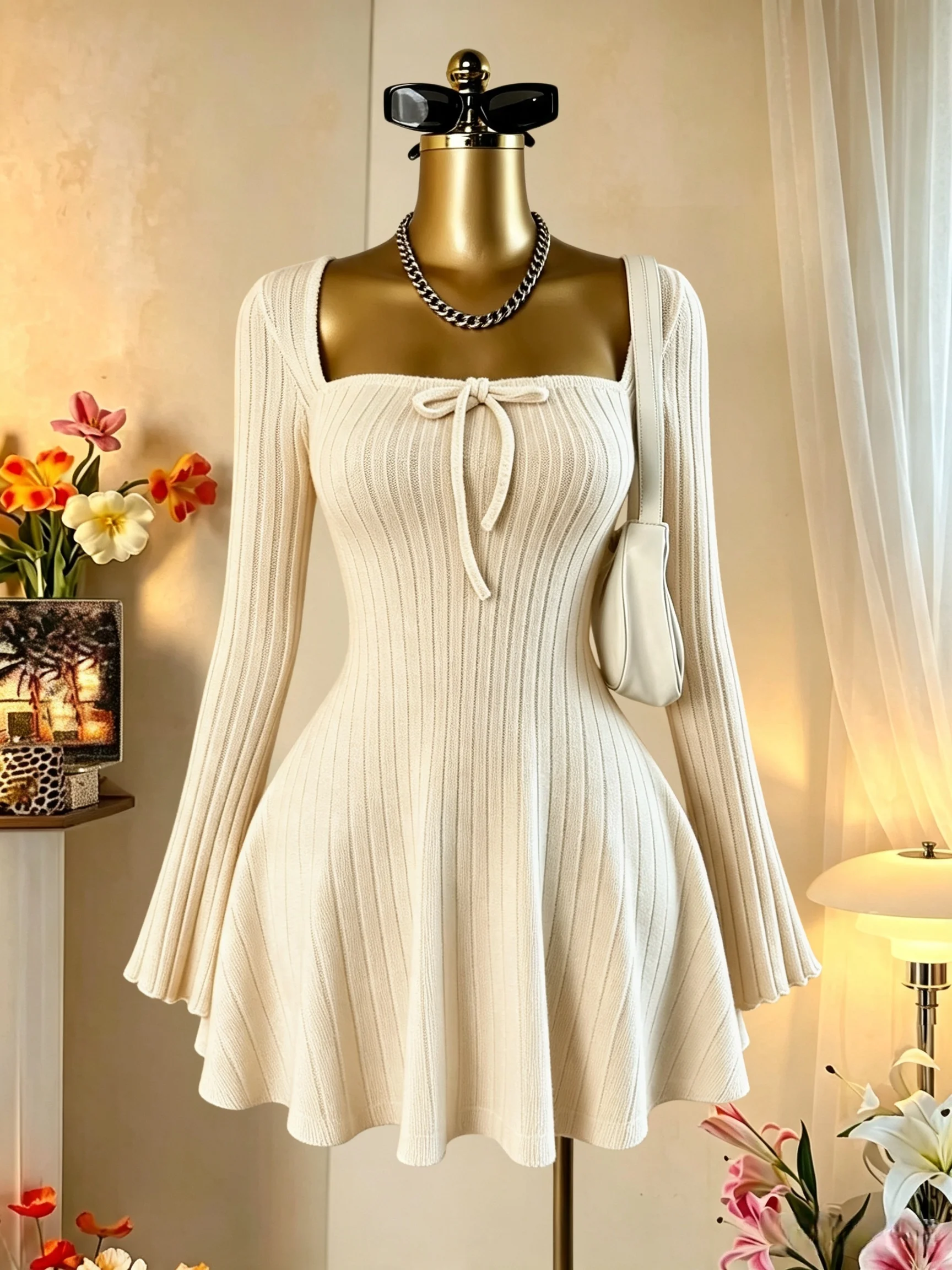 Damen-Minikleid mit quadratischem Ausschnitt, vorne gebunden, gerippt, ausgestellter Rock, lange Ärmel, tailliert, A-Linie, Y2K, sexy Kleid – Detail 11