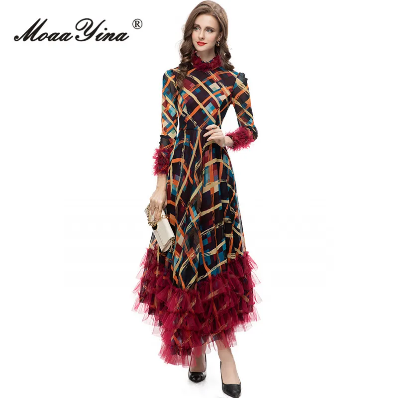 

MoaaYina Summer Fashion Designer Vintage Plaid Print Dress Women's Stand Collar High Waist Mesh Ruffles Spliced Slim Long Dress